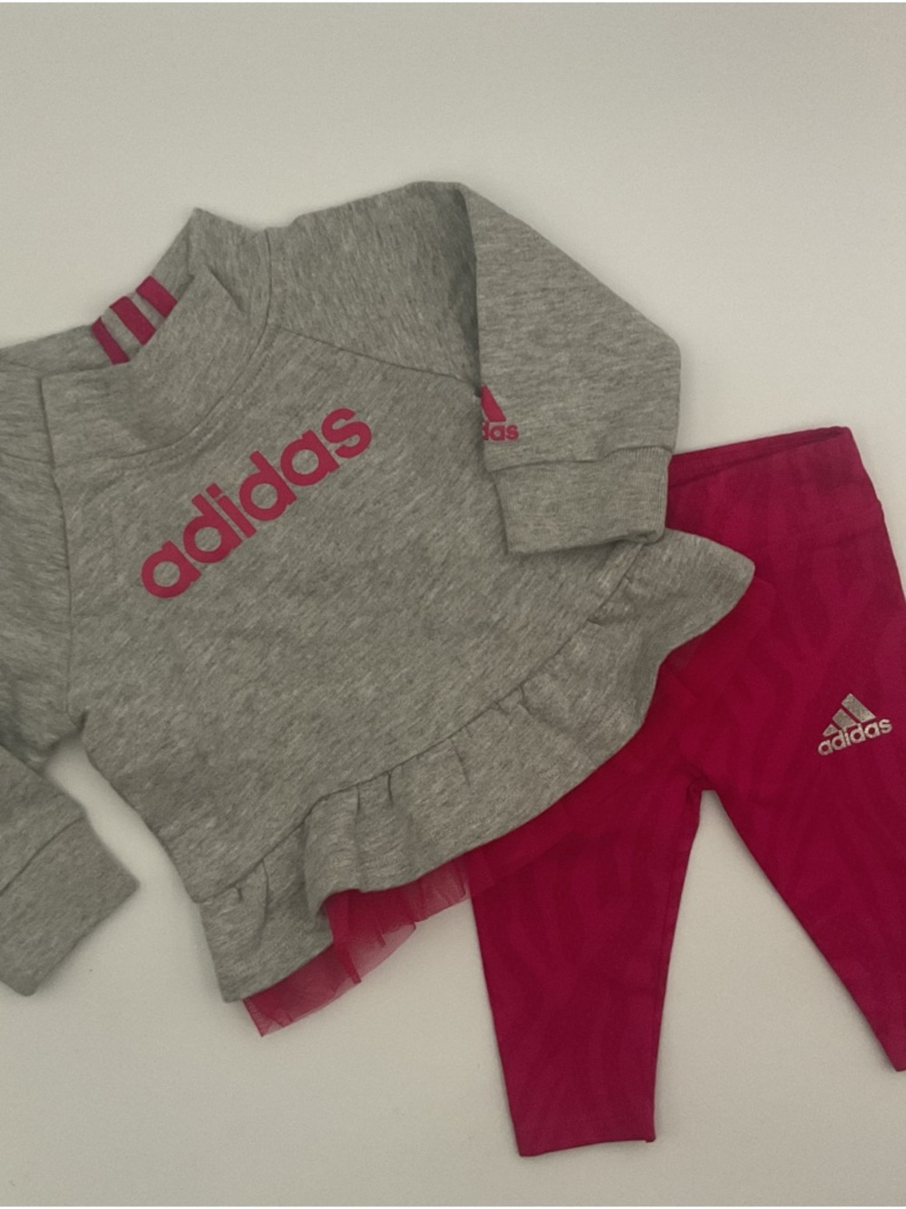 Adidas Infant Girl Pink Gray Ruffle Shirt Leggings Athletic Sport Outfit 3m fit